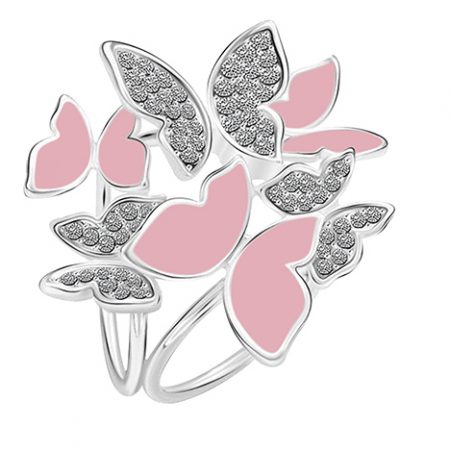Elegantná brošňa so strieborno - ružovými motýľmi s kryštálmi