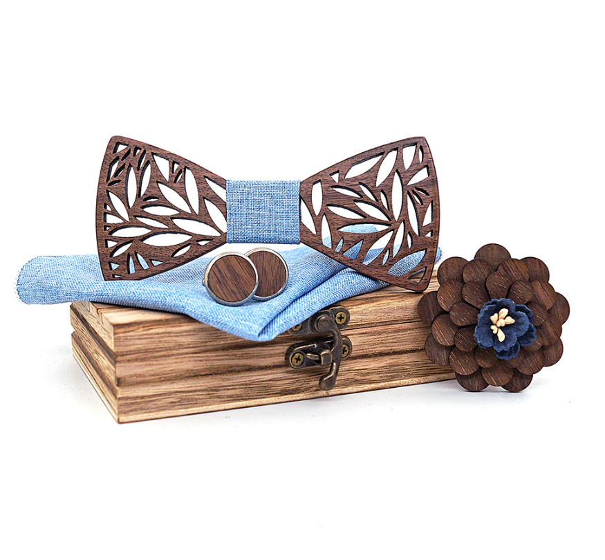 Set - drevený motýlik vo viac farbách + manžety + vreckovka + brošňa