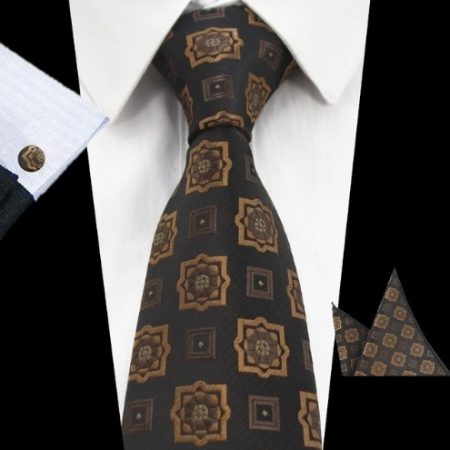 Elegantná sada pánskej kravaty + manžetové gombíky + vreckovka s hnedým vzorom