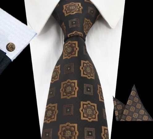 Elegantná sada pánskej kravaty + manžetové gombíky + vreckovka s hnedým vzorom