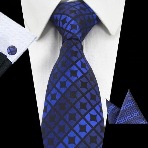 Elegantná sada pánskej kravaty + manžetové gombíky + vreckovka v modrej farbe