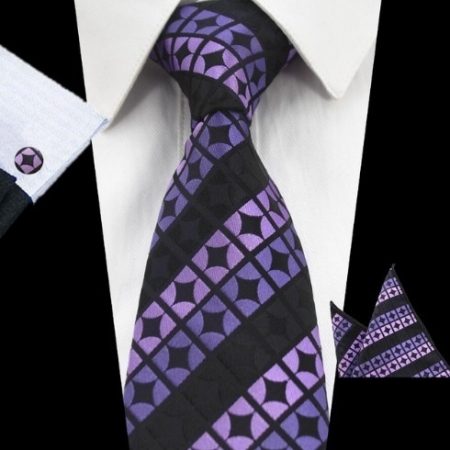 Elegantná sada pánskej kravaty + manžetové gombíky + vreckovka vo fialovej farbe