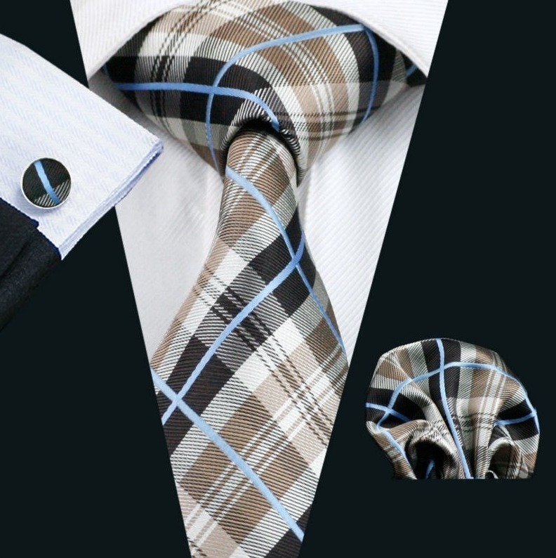 Elegantná sada kravaty + manžetové gombíky + vreckovka s károvaným vzorom