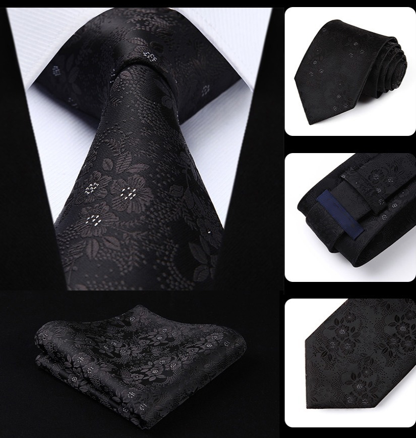 Hodvábna kravatová sada - kravata a vreckovka so vzorom v čiernej farbe