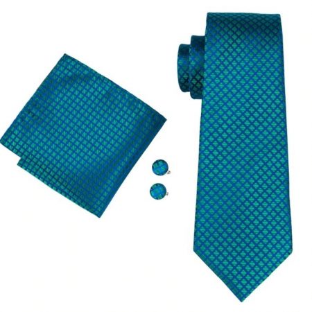 Elegantná sada kravaty + manžetové gombíky + vreckovka v zeleno-modrej farbe