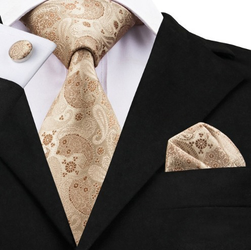 Hodvábna kravatová sada - kravata + manžety + vreckovka so svetlo hnedým vzorom