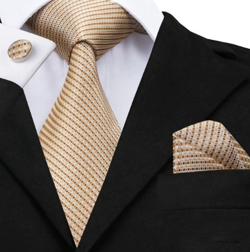Hodvábna kravatová sada - kravata + manžety + vreckovka v svetlo hnedej štruktúre