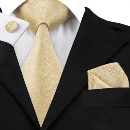 Hodvábna kravatová sada - kravata + manžety + vreckovka v svetlo žltej štruktúre