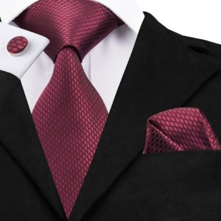 Kravatový set - kravata + manžety + vreckovka s bordovým vzorom