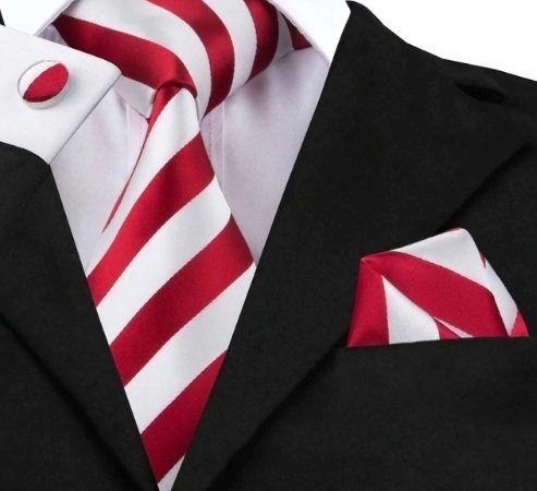 Kravatový set - kravata + manžety + vreckovka s červeno-bielymi pásikmi