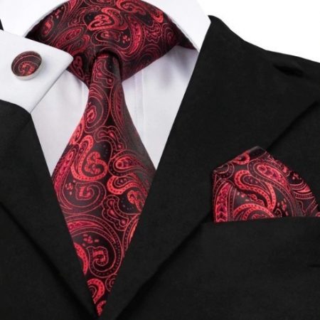Kravatový set - kravata + manžety + vreckovka s červeným ornamentom