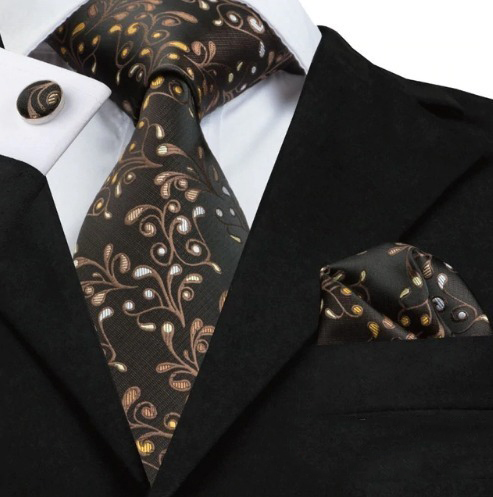 Luxusná kravatová sada - kravata + manžety + vreckovka s hnedým vzorom