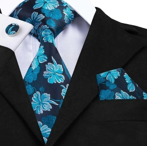 Luxusná kravatová sada - kravata + manžety + vreckovka s modrými kvietkami