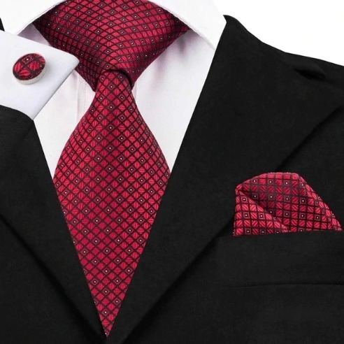 Luxusná kravatová sada - kravata + manžety + vreckovka s červeným vzorom
