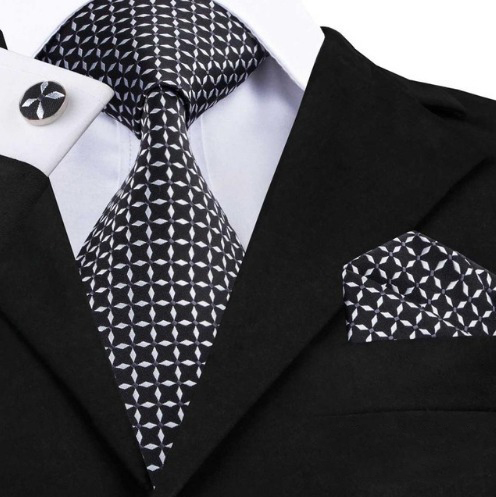Luxusná kravatová sada - kravata + manžety + vreckovka v čierno-bielej farbe