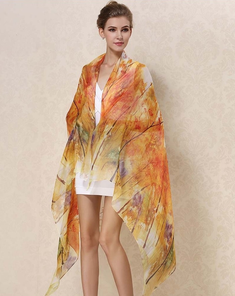 Veľký elegantný šál zo 100% hodvábu v jesenných farbách