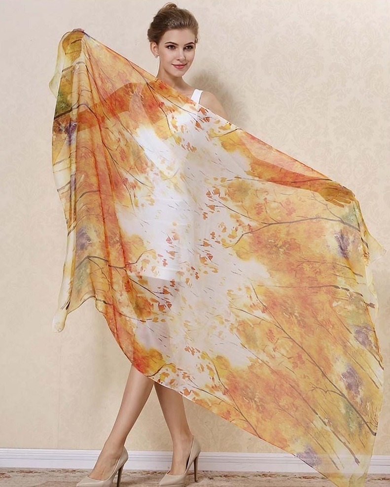 Veľký elegantný šál zo 100% hodvábu v jesenných farbách