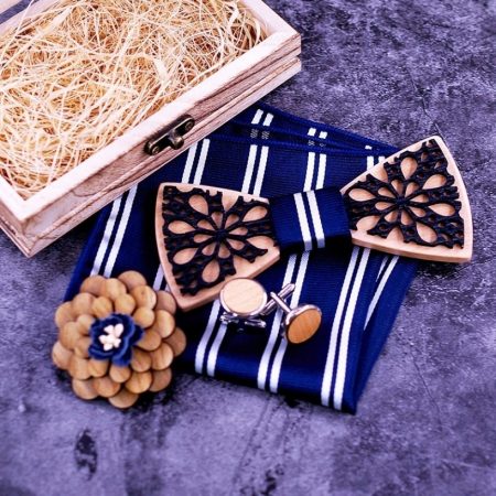 Set - drevený motýlik dvojvrstvový + manžety + vreckovka + brošňa