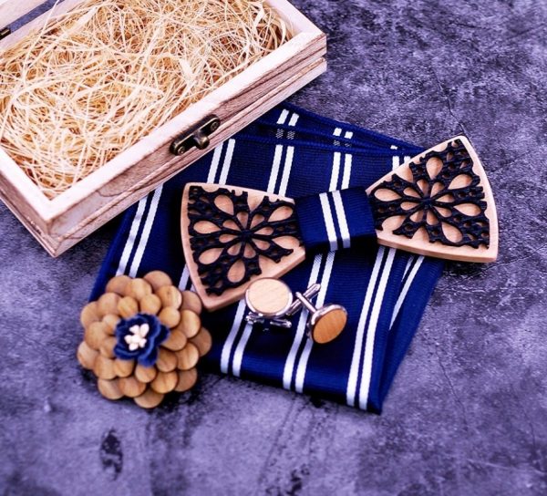 Set - drevený motýlik dvojvrstvový + manžety + vreckovka + brošňa