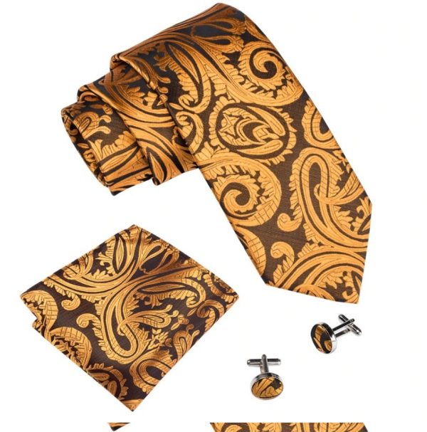Pánska sada - kravata + manžety + vreckovka so zlatým vzorom