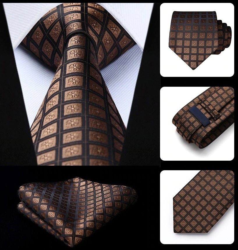 Hodvábna kravata a vreckovka - sada s hnedými štvorčekmi