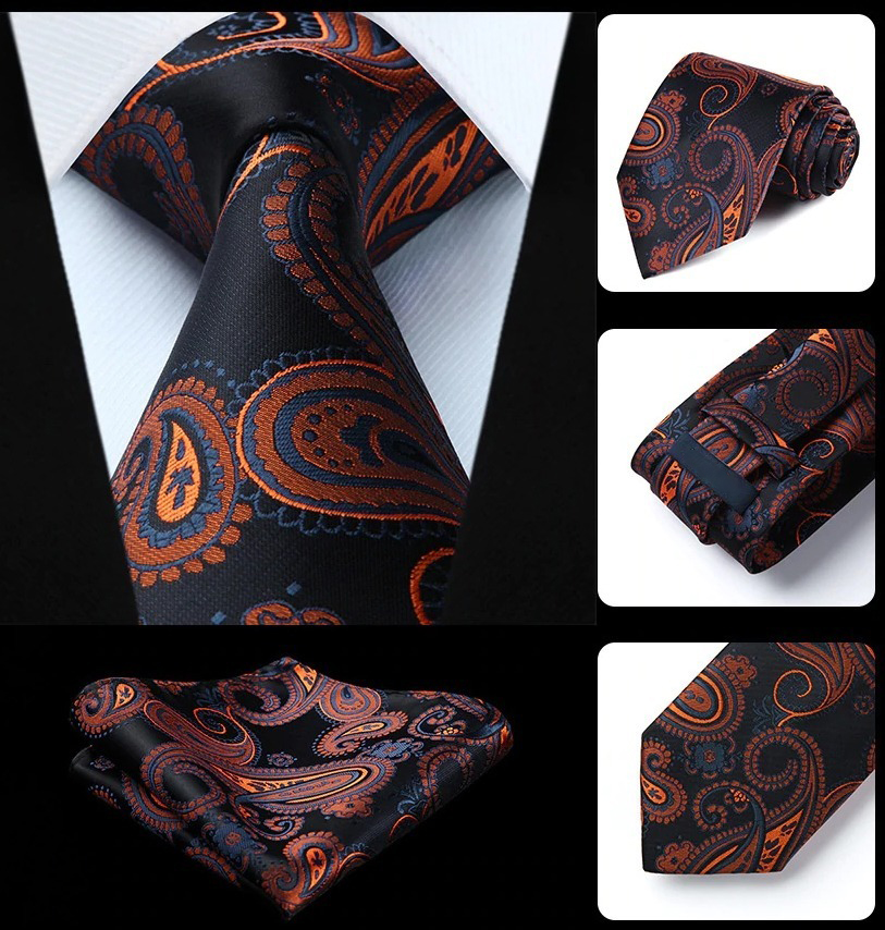 Hodvábna kravata a vreckovka - sada s čierno-pomarančovým vzorom