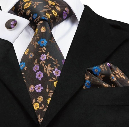 Kravatový set - kravata + manžety + vreckovka s kvietkami