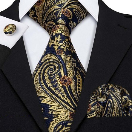 Pánska kravatová sada - kravata + manžety + vreckovka v modro-zlatej farbe