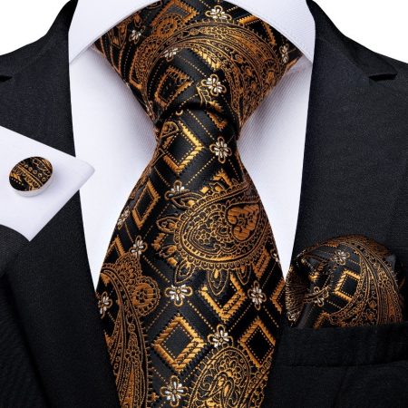Kvalitná zlato-medená sada - kravata + manžetové gombíky + vreckovka