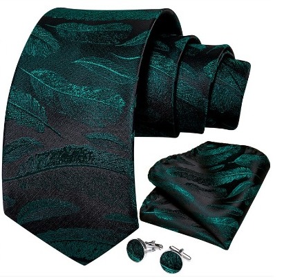 Luxusný set so zelenými listami - kravata + manžetové gombíky + vreckovka