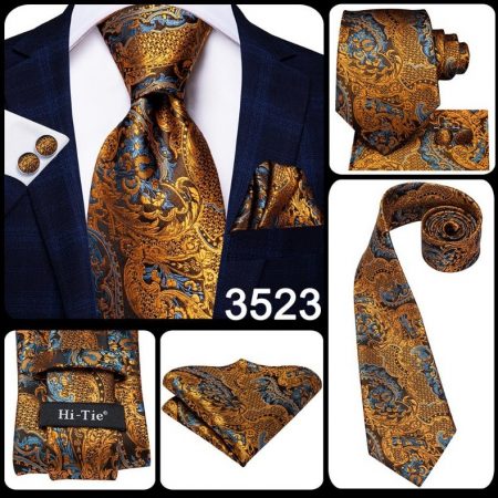 Luxusný zlatý pánsky set - kravata + manžetové gombíky + vreckovka