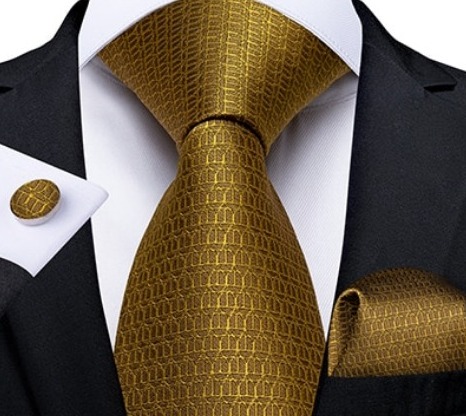 Pánska kravatová sada so zlatým vzorom- kravata + manžetové gombíky + vreckovka