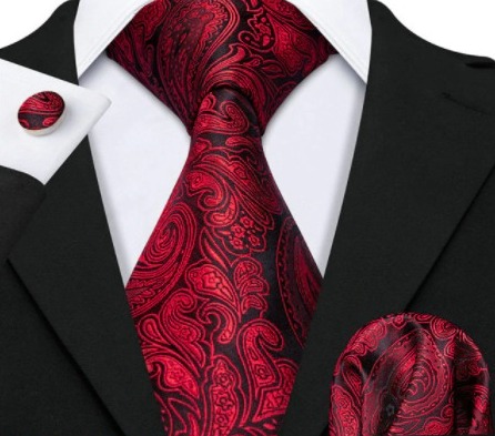 Kravatová sada - kravata, vreckovka a gombíky s bordovým vzorom