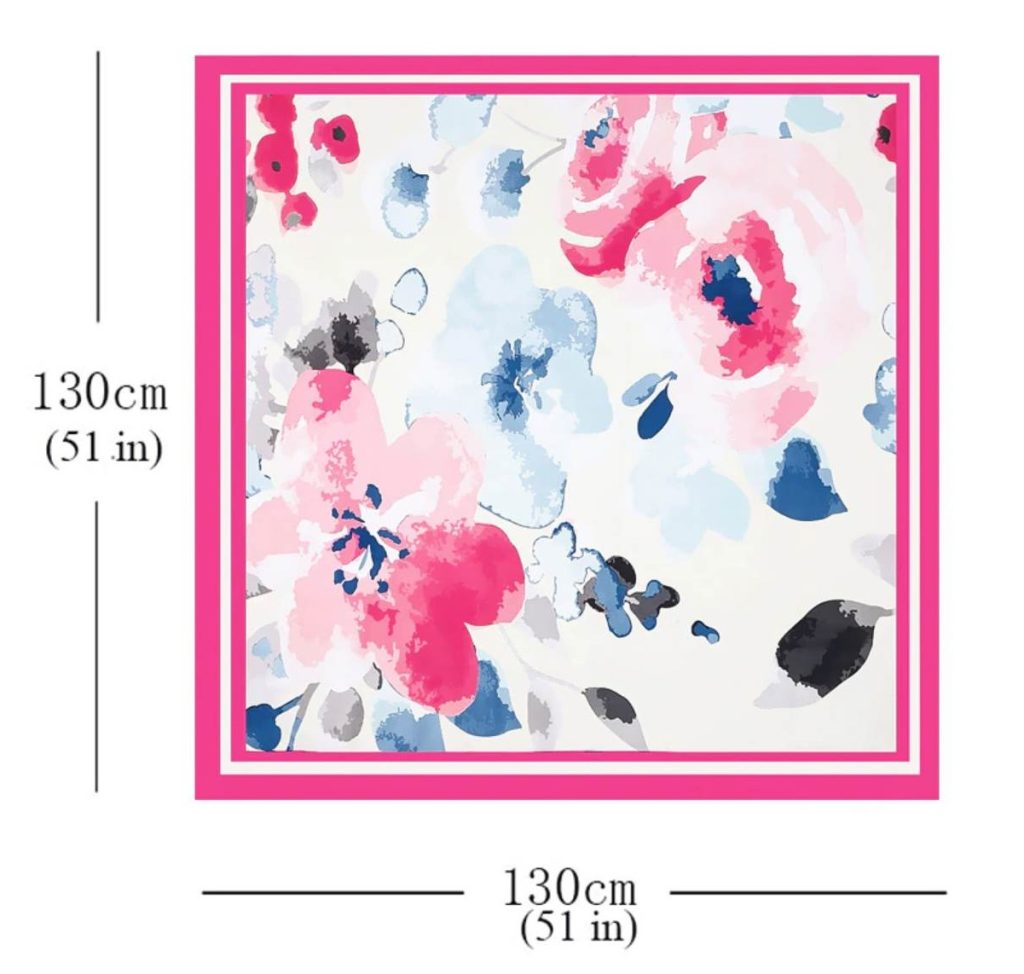 Kvalitná šatka s umeleckým stvárnením kvetov v ružovej farbe 130 x 130 cm