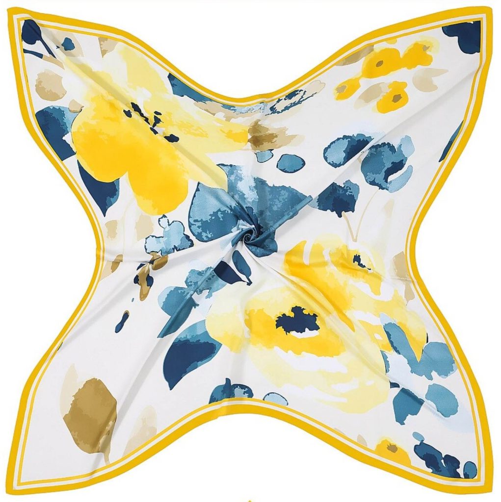 Kvalitná šatka s umeleckým stvárnením kvetov v žltej farbe 130 x 130 cm