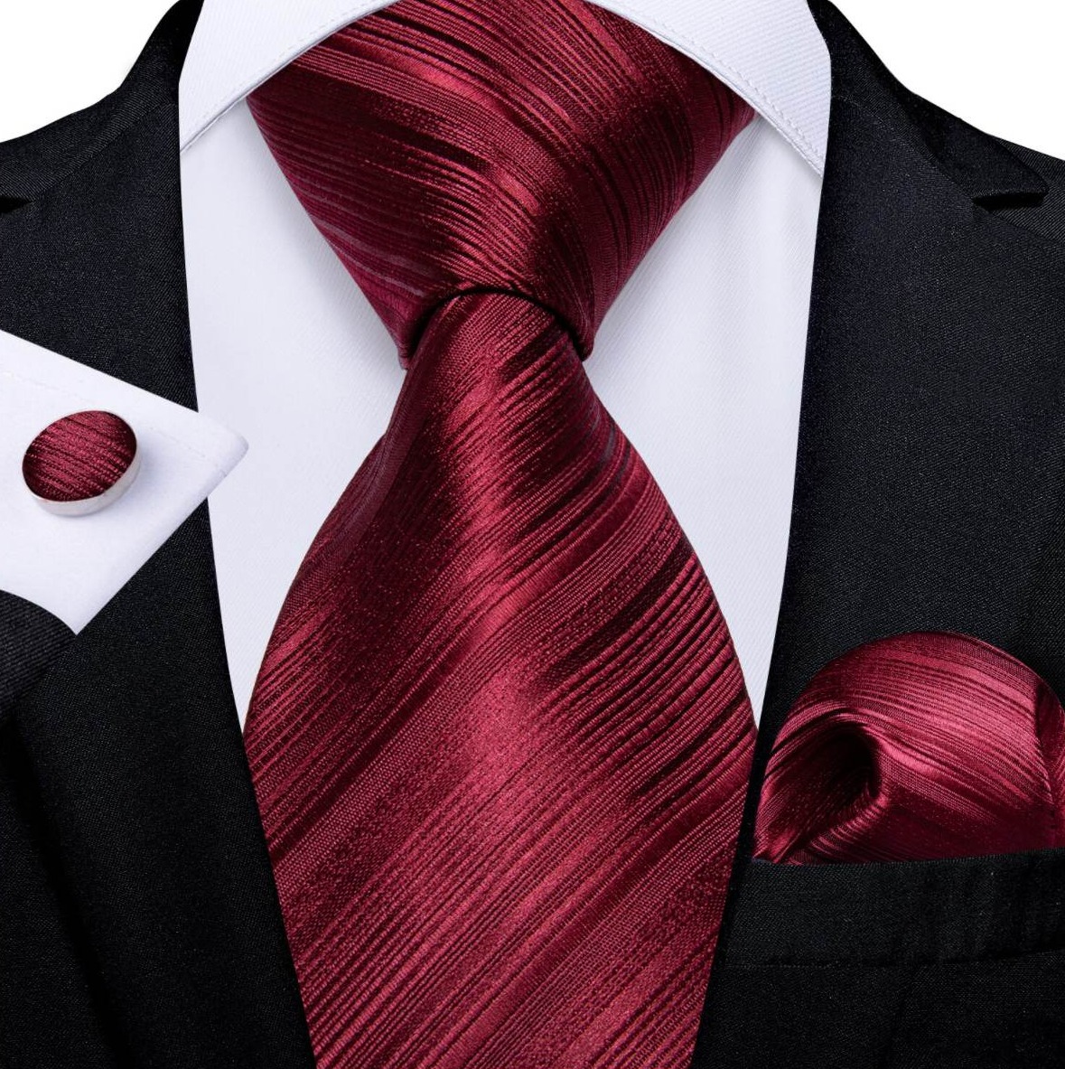 Kravatová sada - kravata, vreckovka a manžetové gombíky s bordovým vzorom