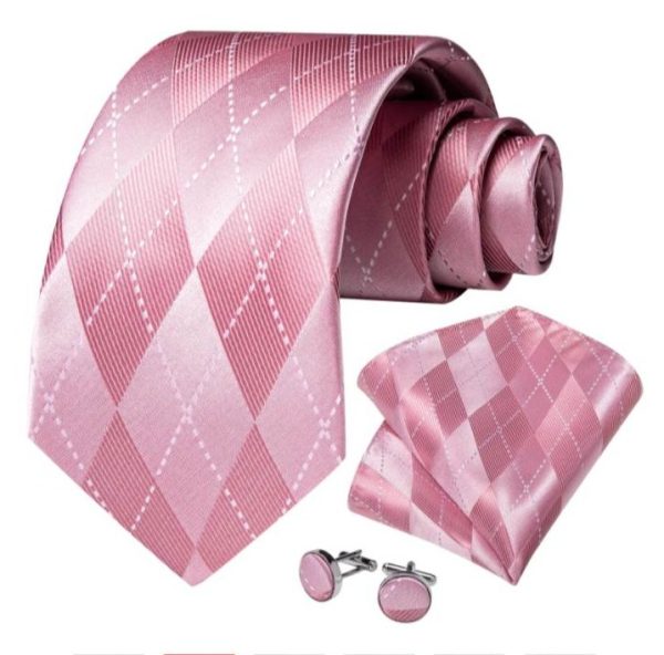Kravatová sada - kravata, vreckovka a manžetové gombíky s ružovým vzorom