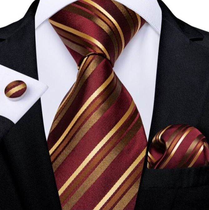 Kravatová sada - kravata, vreckovka a manžetové gombíky v zlato-bordovom vzore