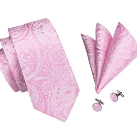 Kravatový set - kravata, vreckovka a manžetové gombíky s ružovým vzorom
