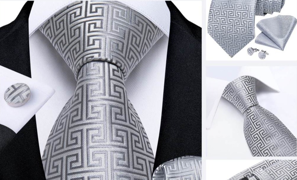 Luxusný set s kravatou, manžetami a vreckovkou v sivom spracovaní