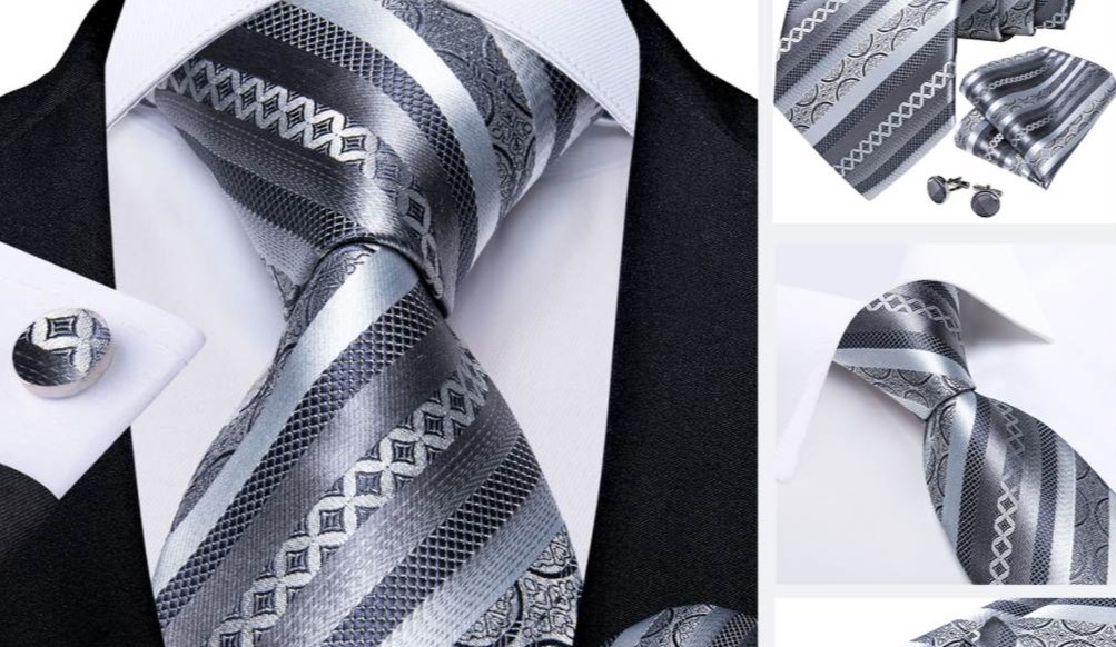 Luxusný set s kravatou, manžetami a vreckovkou v strieborno-sivom spracovaní