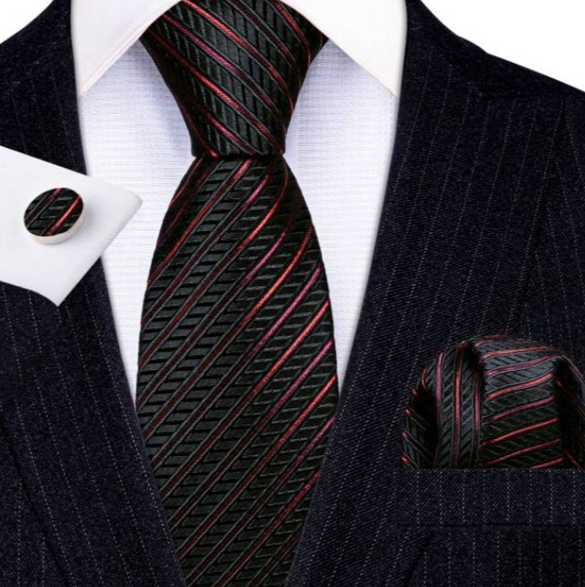 Viazanka + manžetové gombíky + vreckovka - čierny kravatový set s červenými pásikmi