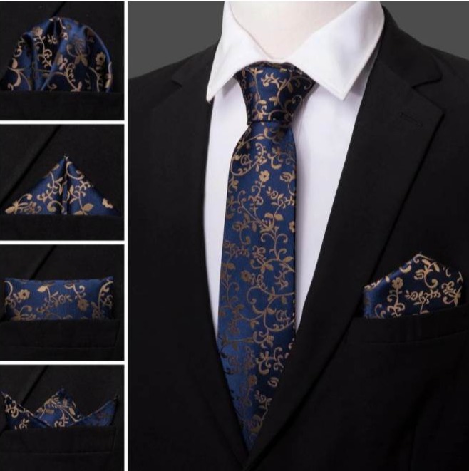 Viazanka + manžetové gombíky + vreckovka - kravatový set s modrým vzorom