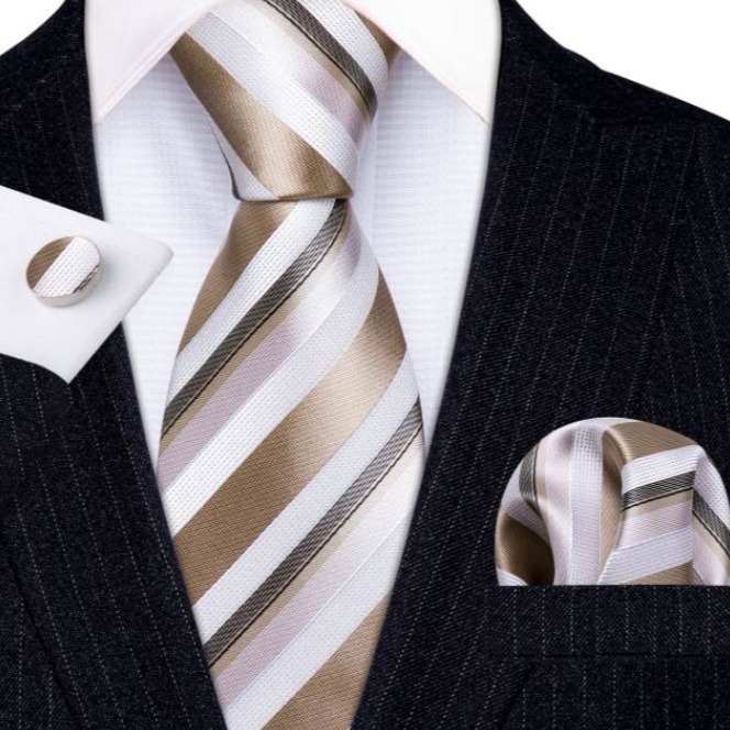 Viazanka + manžetové gombíky + vreckovka - krémovo-hnedý kravatový set