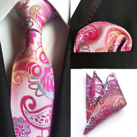 Hodvábna kravata a vreckovka - kravatová sada s ružovým vzorom