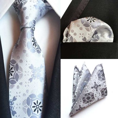 Hodvábna kravata a vreckovka - kravatová sada v striebornom dizajne