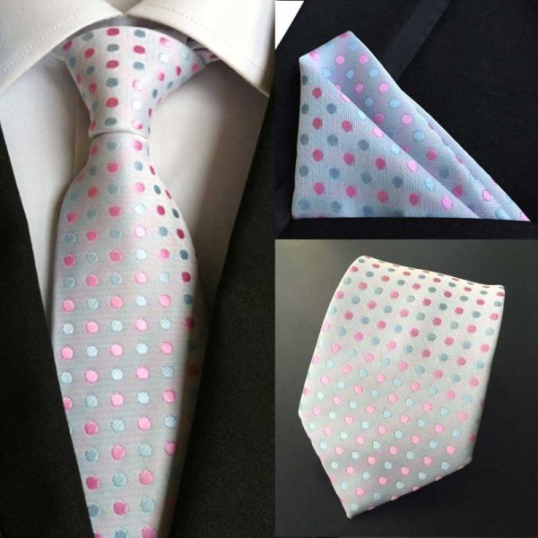 Hodvábna kravata a vreckovka - sada s ružovými a tyrkysovými bodkami