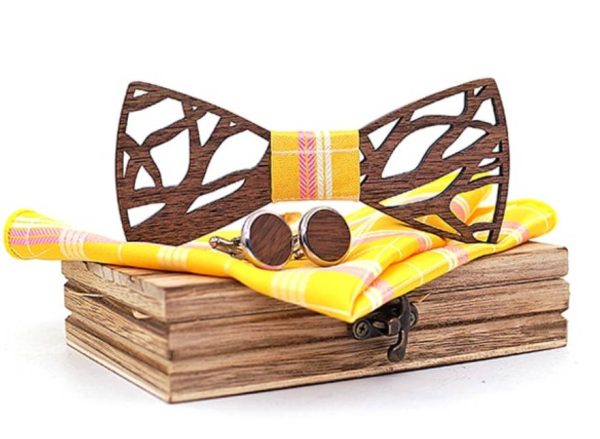 Moderný motýlik z dreva + manžety + vreckovka v rôznych farbách