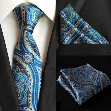 Kvalitná kravata a vreckovka - kravatový set s modrým vzorom