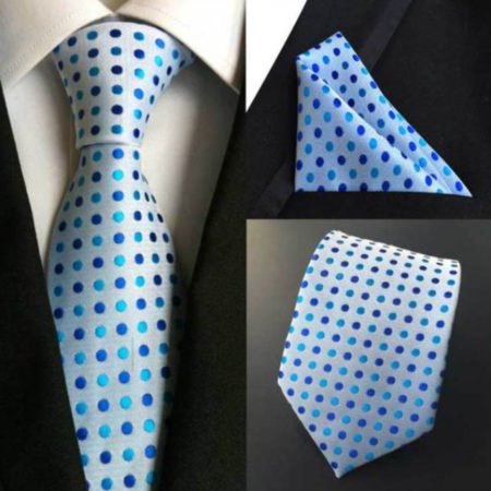 Kvalitná kravata a vreckovka - kravatový set s modrými bodkami